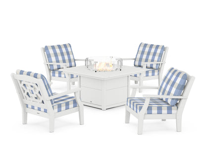 Martha Stewart by POLYWOOD® Chinoiserie 5-Piece Deep Seating Set with Fire Pit Table in White / Buffalo Plaid Sky Blue