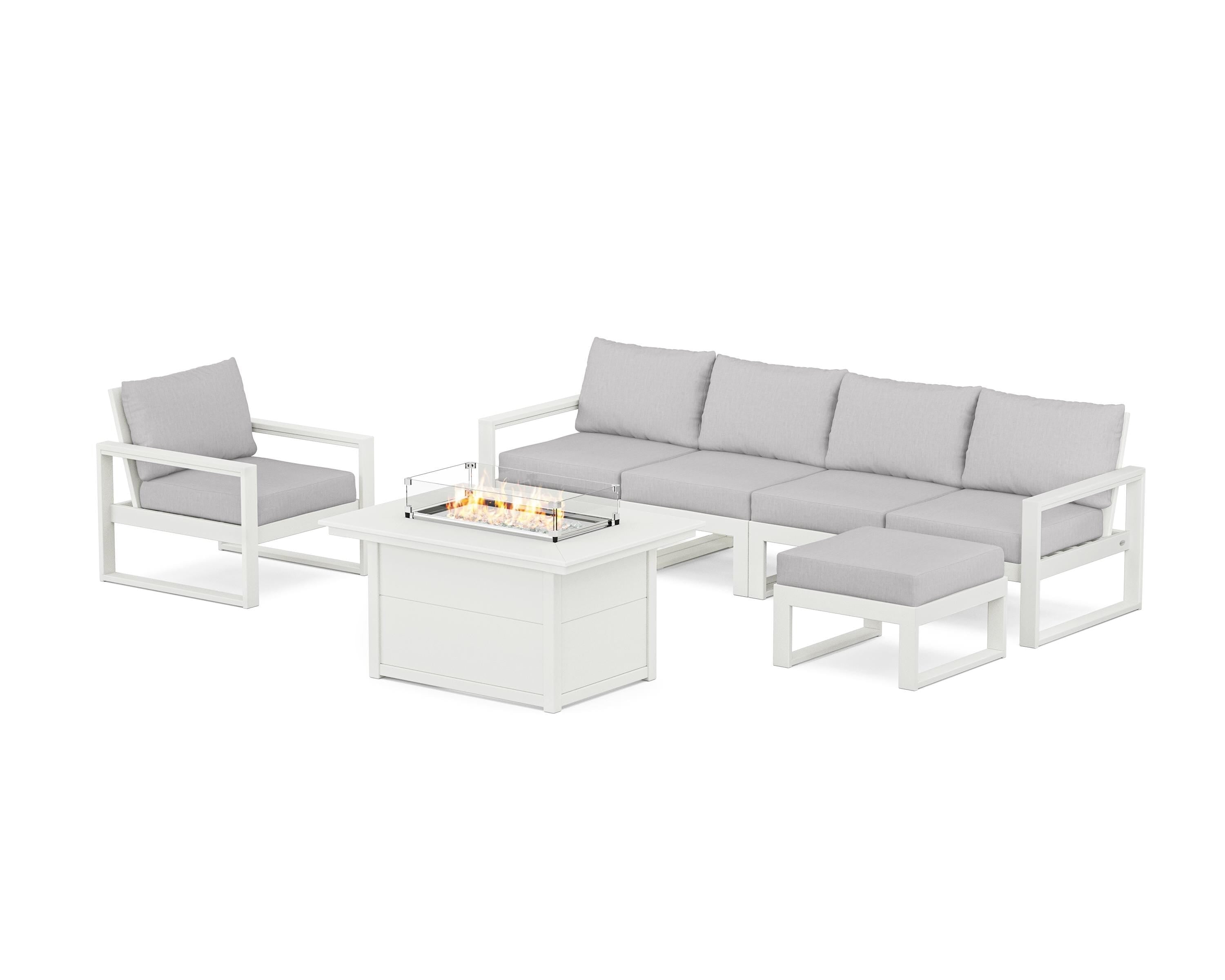POLYWOOD® EDGE Sectional Lounge and Fire Pit Set in Vintage White / Granite