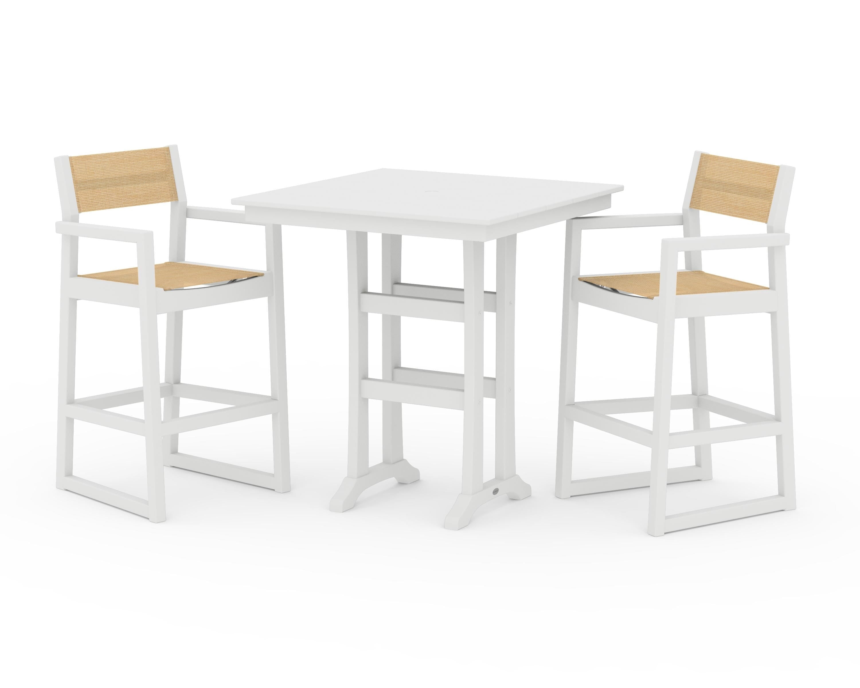 POLYWOOD® EDGE Sling Arm Chair 3-Piece Farmhouse Bar Set with Trestle Legs in White / Dupioni Apricot Sling