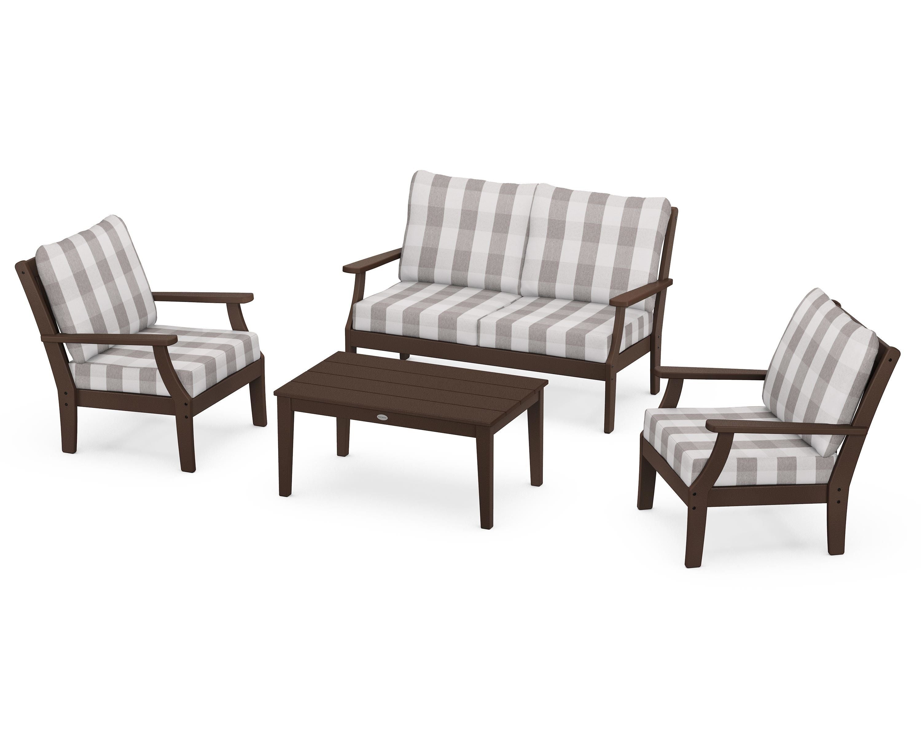 POLYWOOD® Braxton 4-Piece Deep Seating Chair Set in Mahogany / Buffalo Plaid Grey Mist