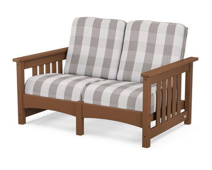 POLYWOOD® Club Mission Loveseat in Teak / Buffalo Plaid Grey Mist