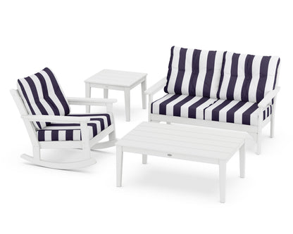 POLYWOOD® Vineyard 4-Piece Deep Seating Rocker Set in White / Cabana Stripe Navy