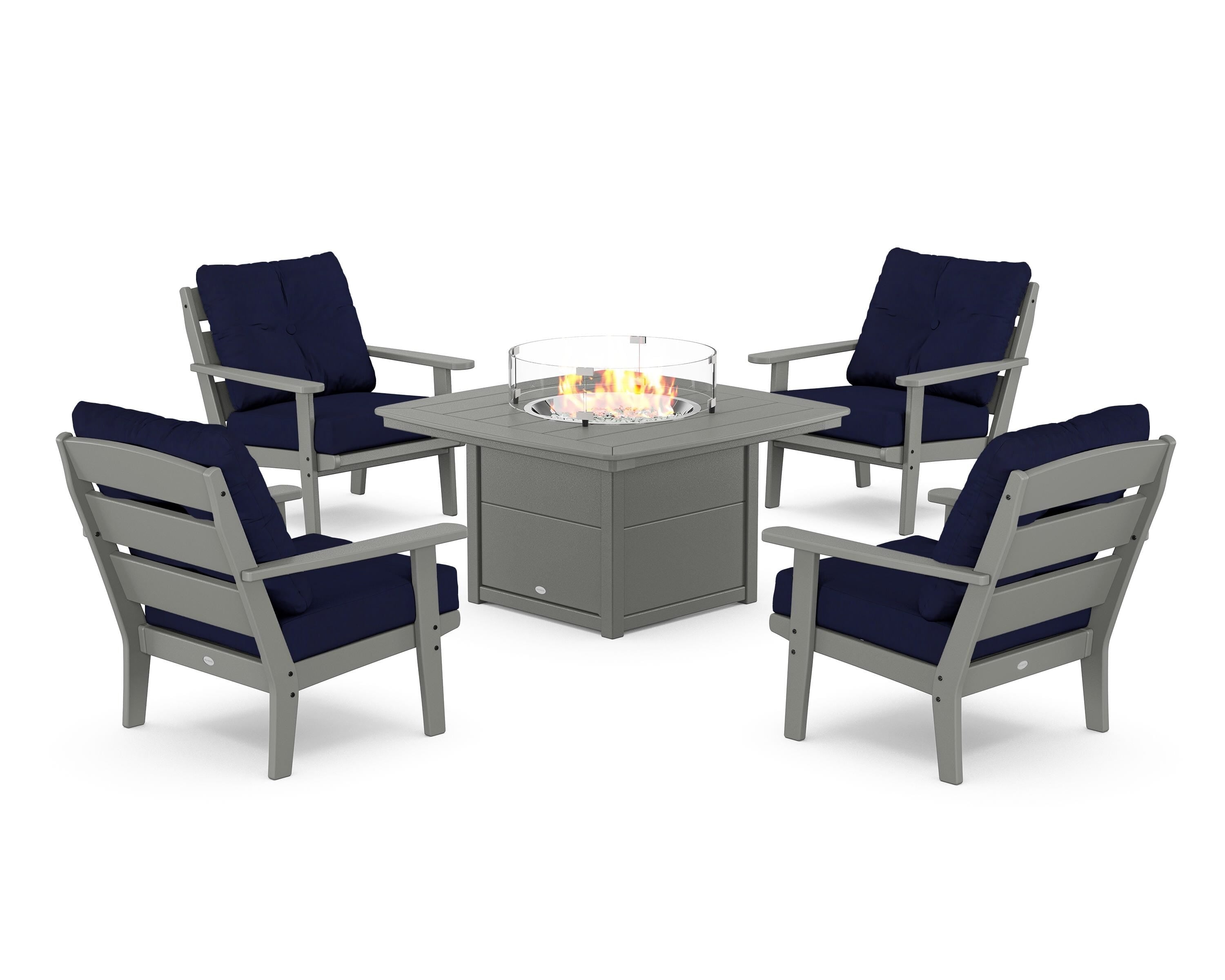 POLYWOOD® Lakeside 5-Piece Deep Seating Set with Nautical Fire Pit Table in Slate Grey / Navy