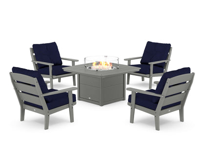 POLYWOOD® Lakeside 5-Piece Deep Seating Set with Nautical Fire Pit Table in Slate Grey / Navy