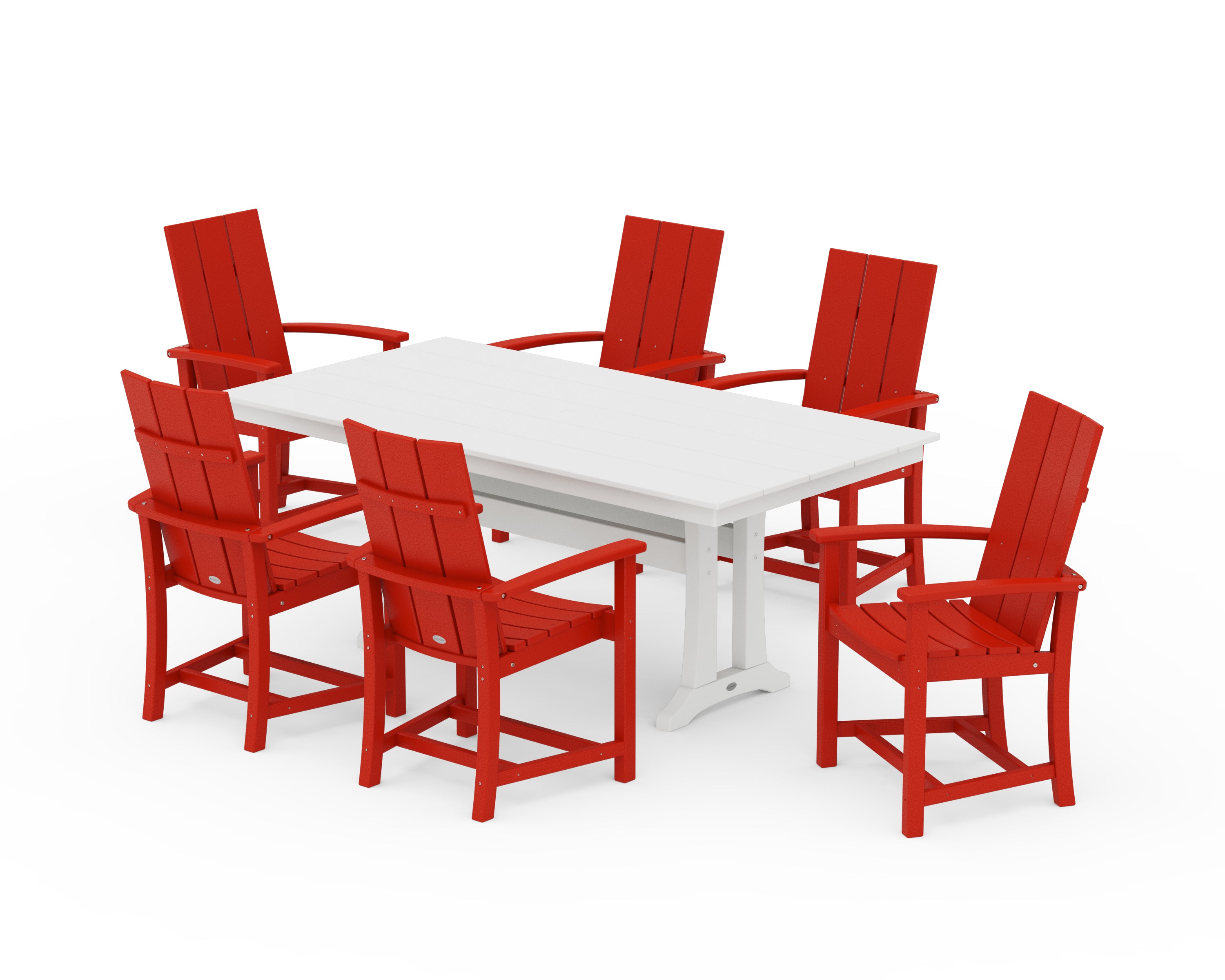 POLYWOOD® Modern Adirondack 7-Piece Farmhouse Dining Set with Trestle Legs in Sunset Red / White