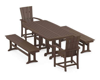 POLYWOOD® Quattro 5-Piece Farmhouse Dining Set with Benches in Mahogany