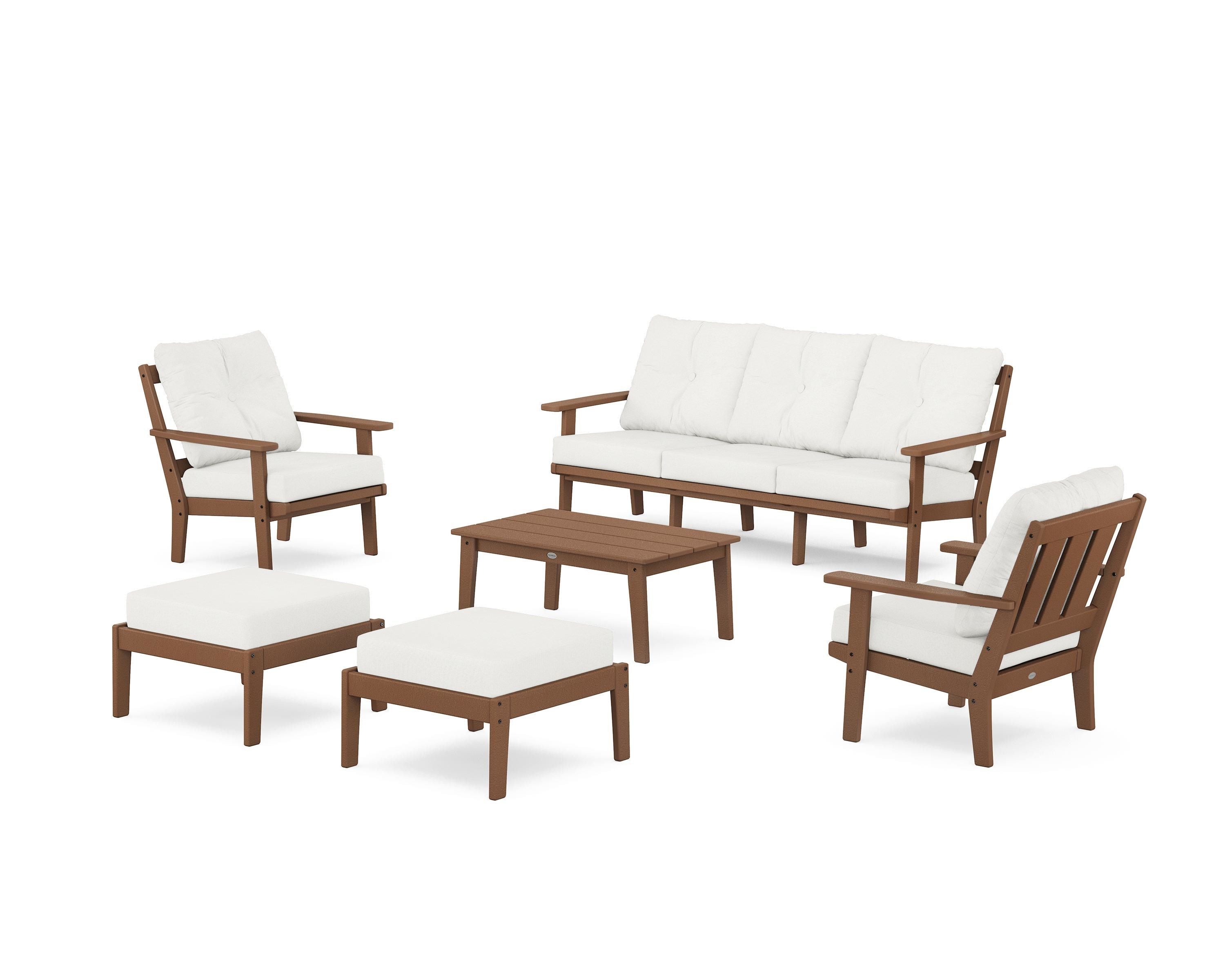 POLYWOOD® Oxford 6-Piece Lounge Sofa Set in Teak / Natural Linen
