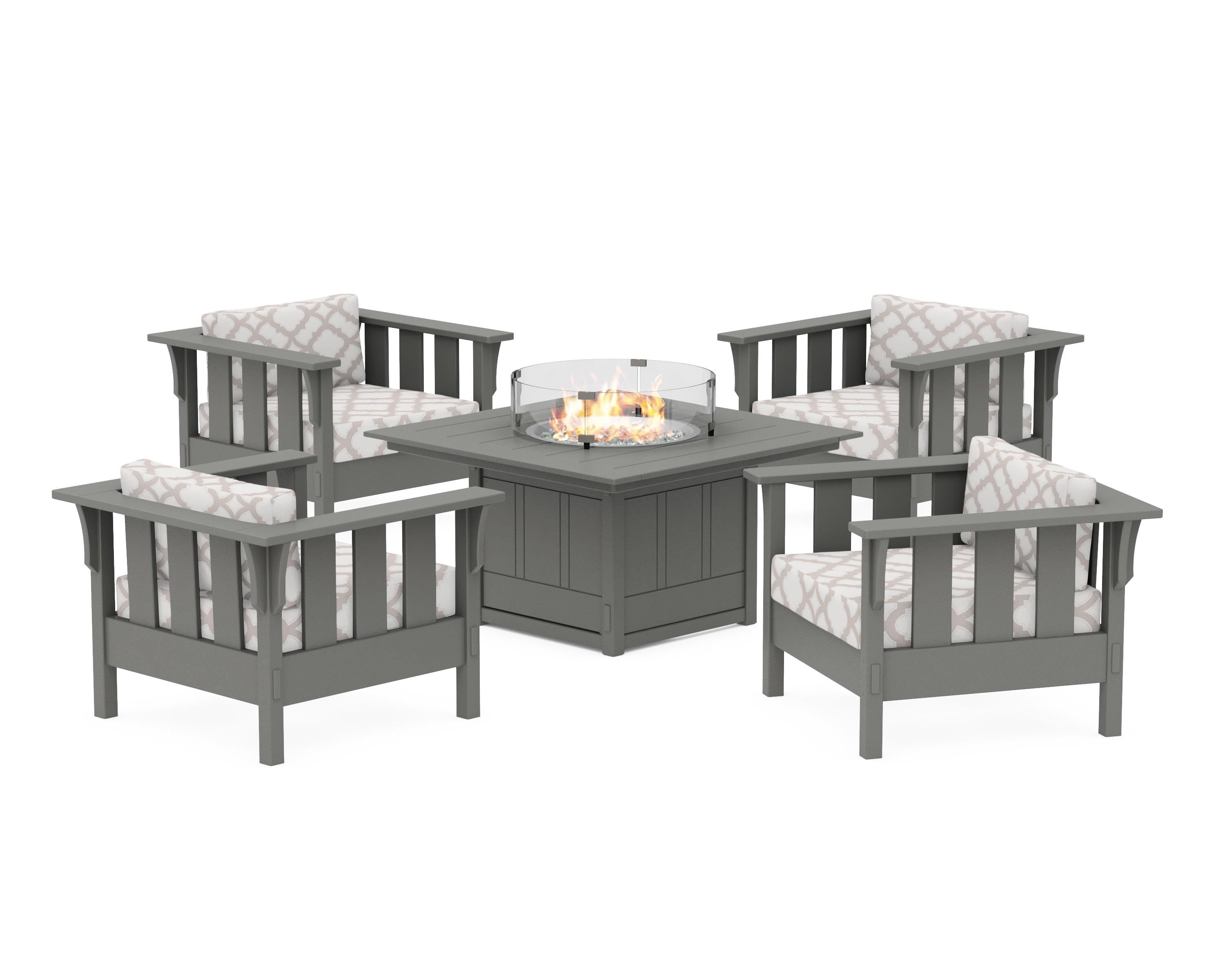 Martha Stewart by POLYWOOD® Acadia 5-Piece Deep Seating Set with Fire Pit Table in Slate Grey / Trellis Dune Burlap