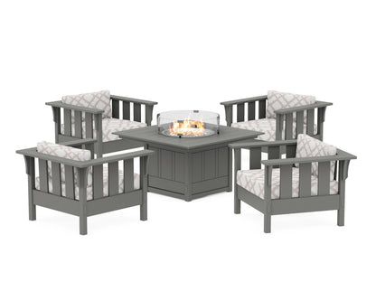 Martha Stewart by POLYWOOD® Acadia 5-Piece Deep Seating Set with Fire Pit Table in Slate Grey / Trellis Dune Burlap