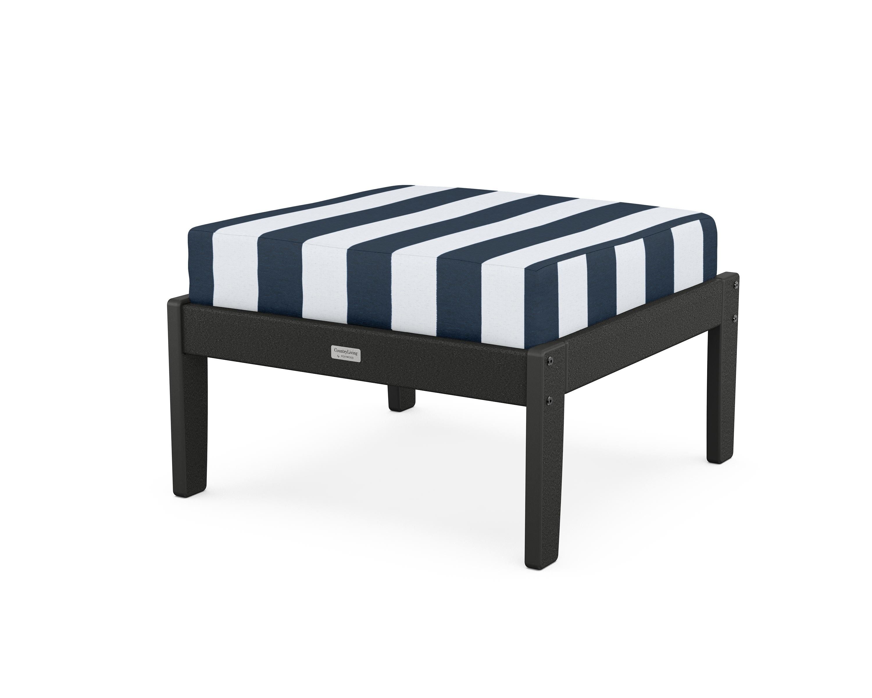Country Living Cottage Deep Seating Ottoman in Black / Cabana Stripe Marine Indigo