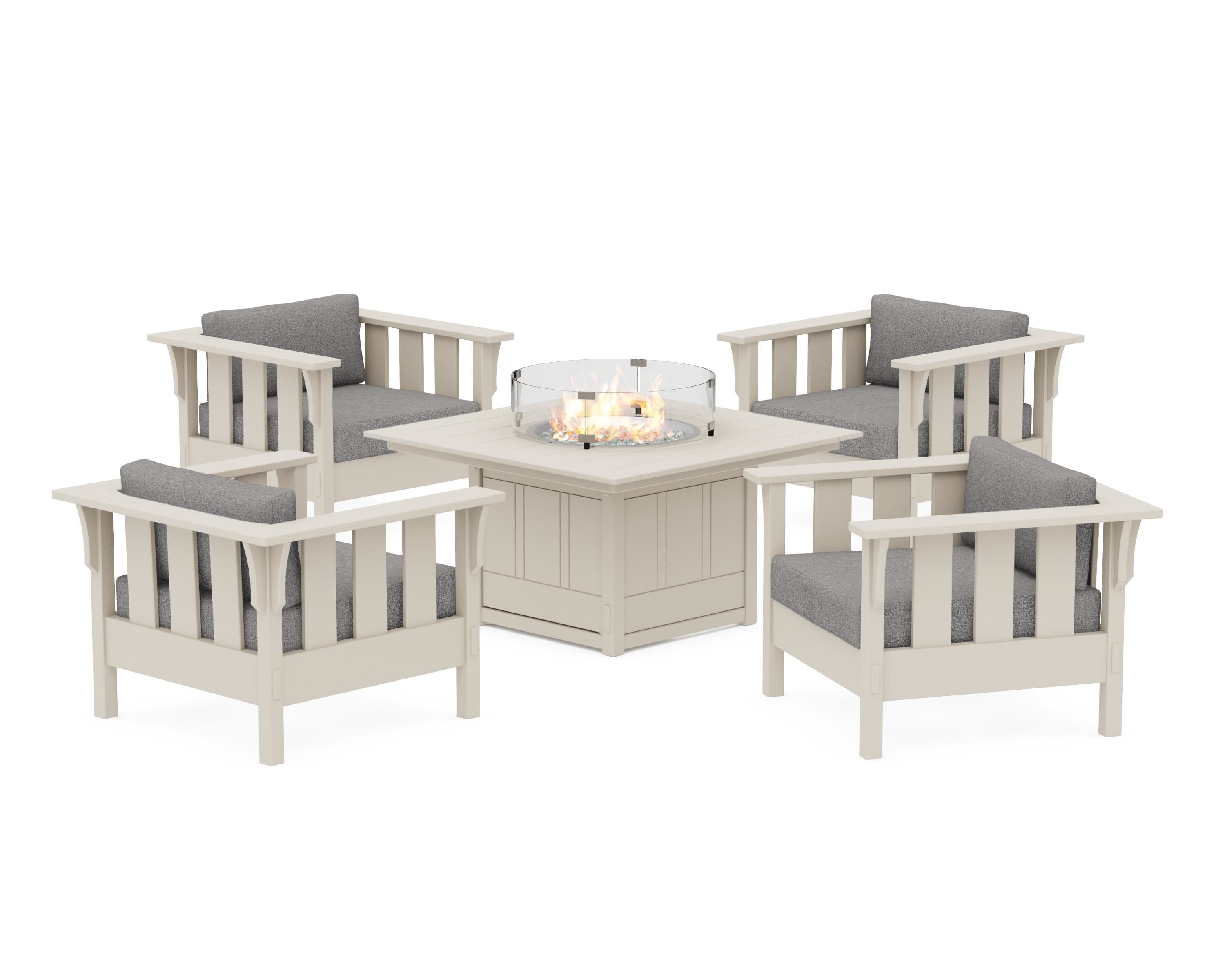 Martha Stewart by POLYWOOD® Acadia 5-Piece Deep Seating Set with Fire Pit Table in Sand / Grey Mist