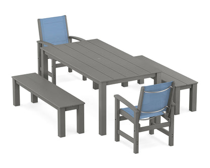POLYWOOD® Coastal 5-Piece Parsons Dining Set with Benches in Slate Grey / Poolside Sling