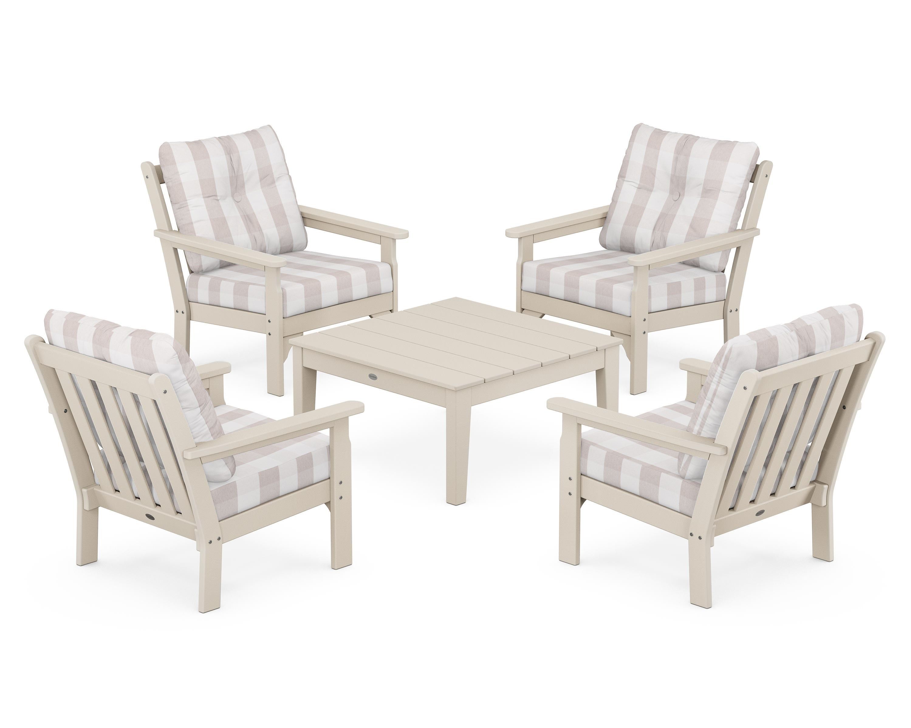 POLYWOOD® Vineyard 5-Piece Deep Seating Conversation Set in Sand / Buffalo Plaid Dune Burlap