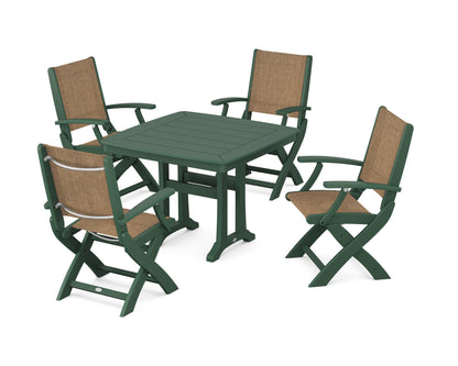 POLYWOOD® Coastal Folding Chair 5-Piece Dining Set with Trestle Legs in Green / Burlap Sling