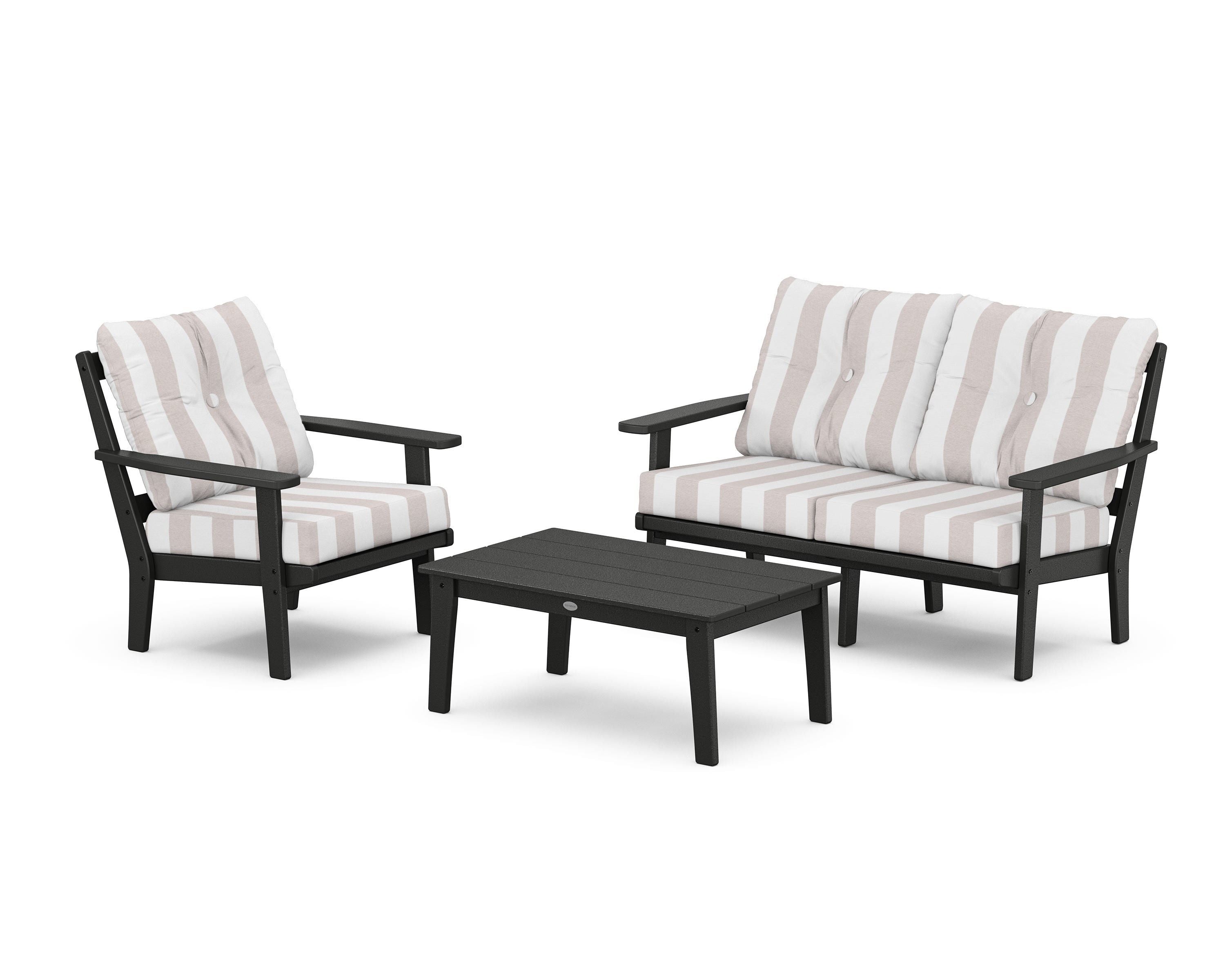 POLYWOOD® Prairie 3-Piece Deep Seating Set with Loveseat in Black / Cabana Stripe Dune Burlap