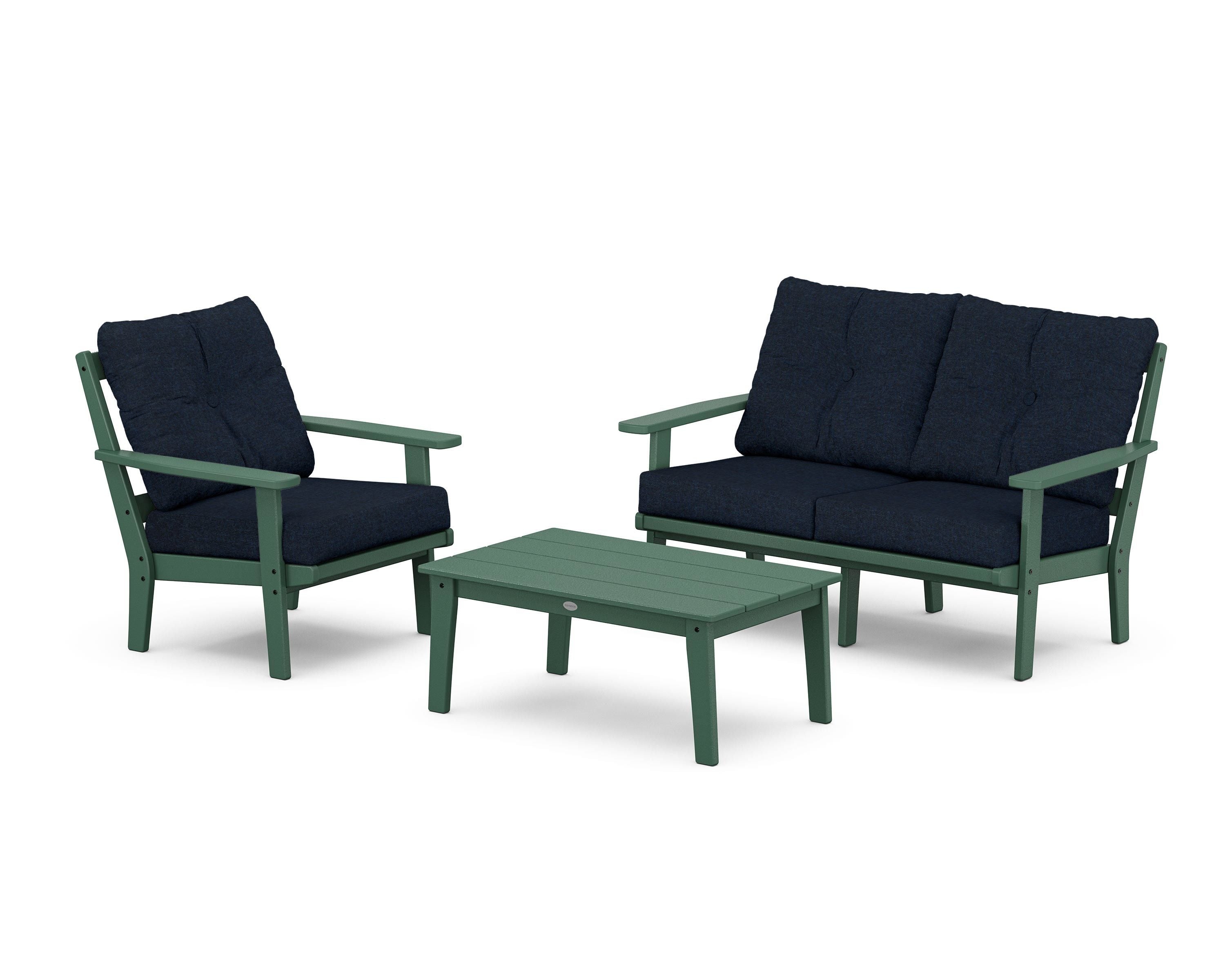 POLYWOOD® Oxford 3-Piece Deep Seating Set with Loveseat in Green / Marine Indigo