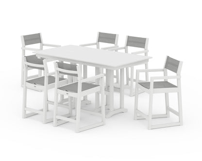 POLYWOOD® EDGE Sling Arm Chair 7-Piece Farmhouse Counter Set in White / Metallic Sling