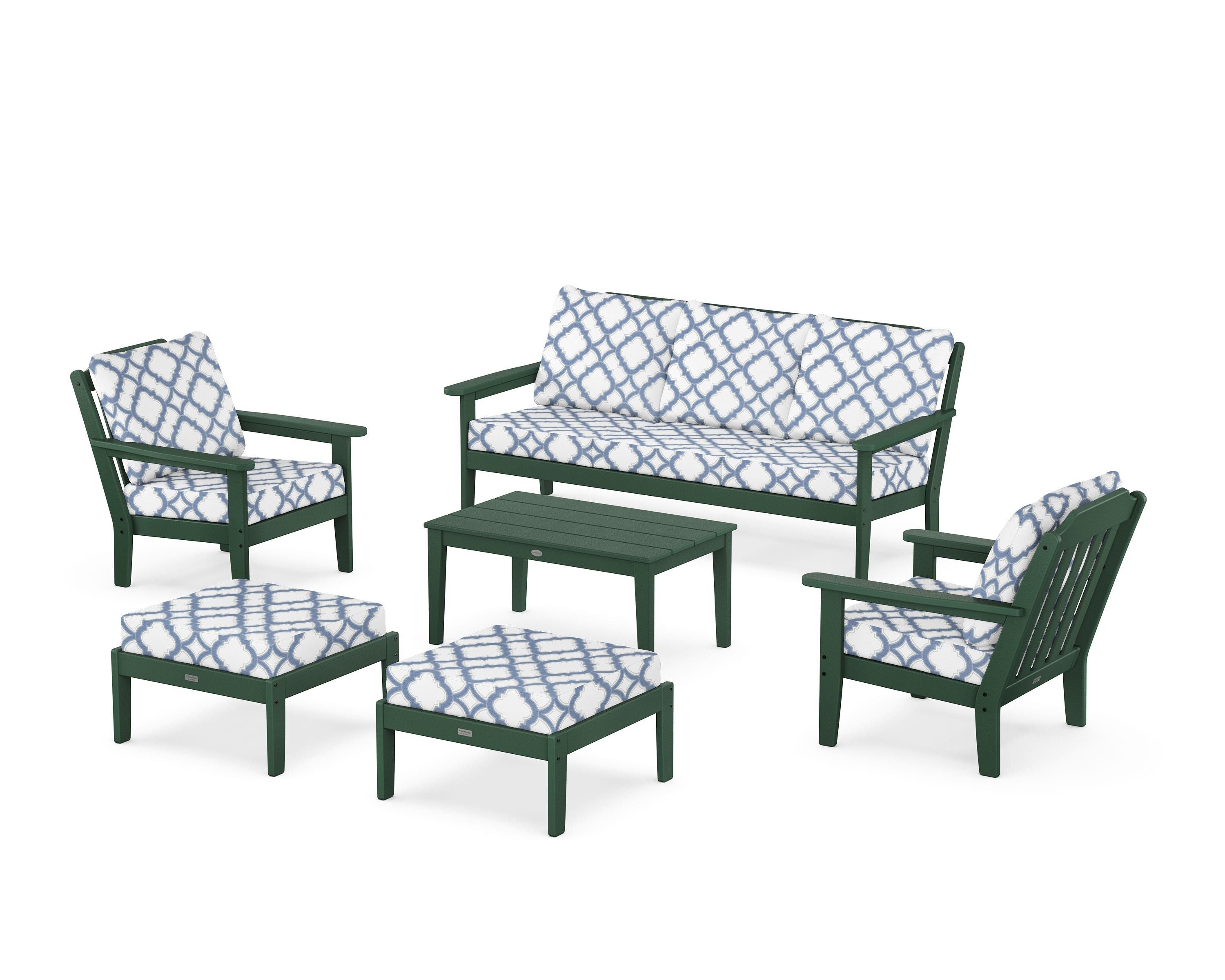 Country Living Cottage 6-Piece Lounge Sofa Set in Green / Trellis Sky Blue