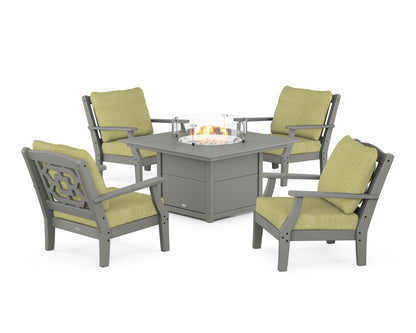 Martha Stewart by POLYWOOD® Chinoiserie 5-Piece Deep Seating Set with Fire Pit Table in Slate Grey / Chartreuse Boucle