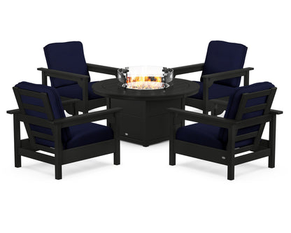 POLYWOOD® Club 5-Piece Conversation Set with Fire Pit Table in Black / Navy