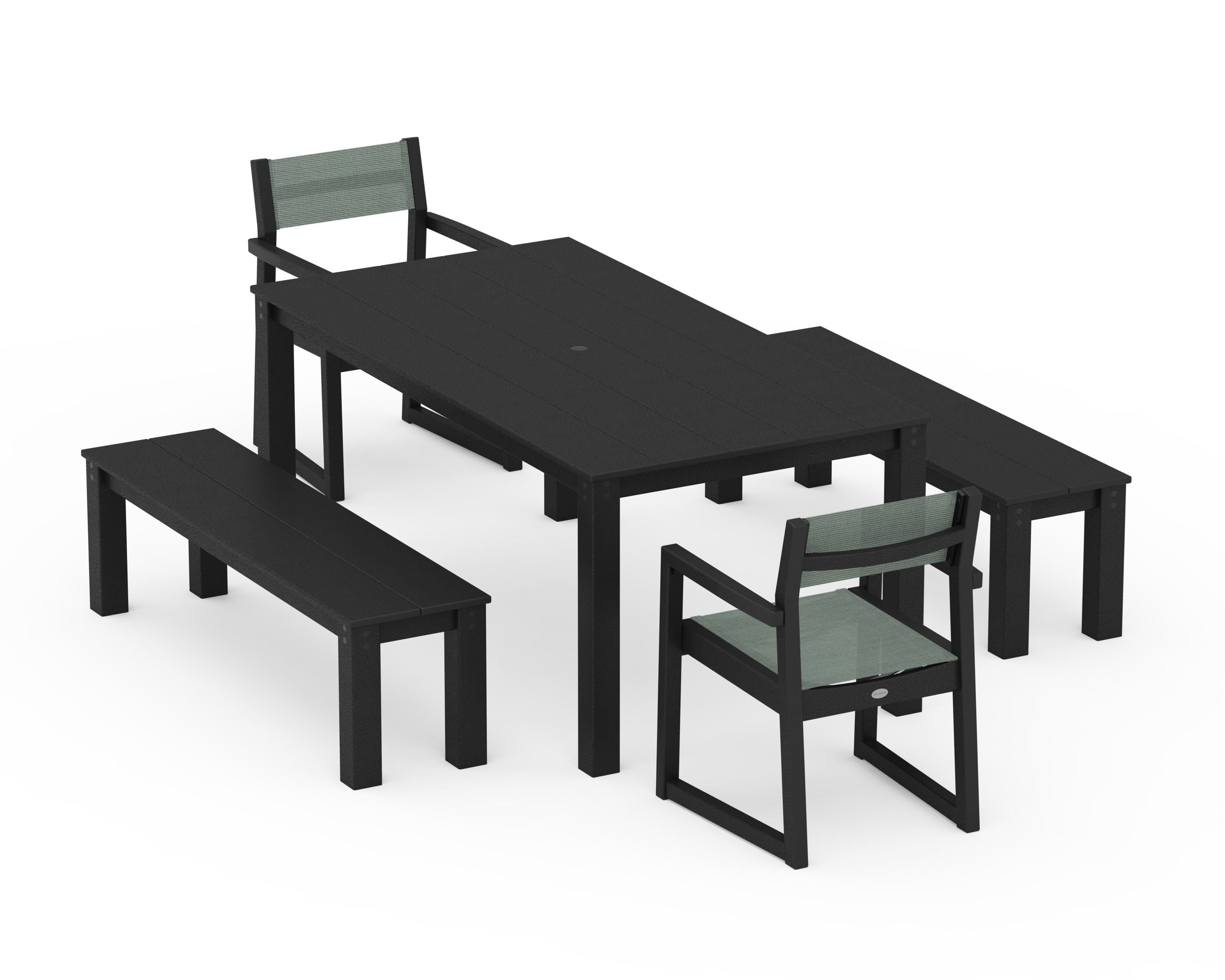 POLYWOOD® EDGE Sling Arm Chair 5-Piece Parsons Dining Set with Benches in Black / Dupioni Sea Mist Sling