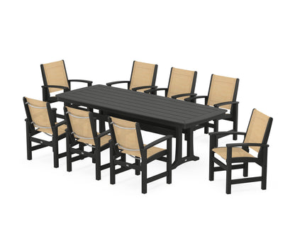POLYWOOD® Coastal 9-Piece Dining Set with Trestle Legs in Black / Dupioni Apricot Sling