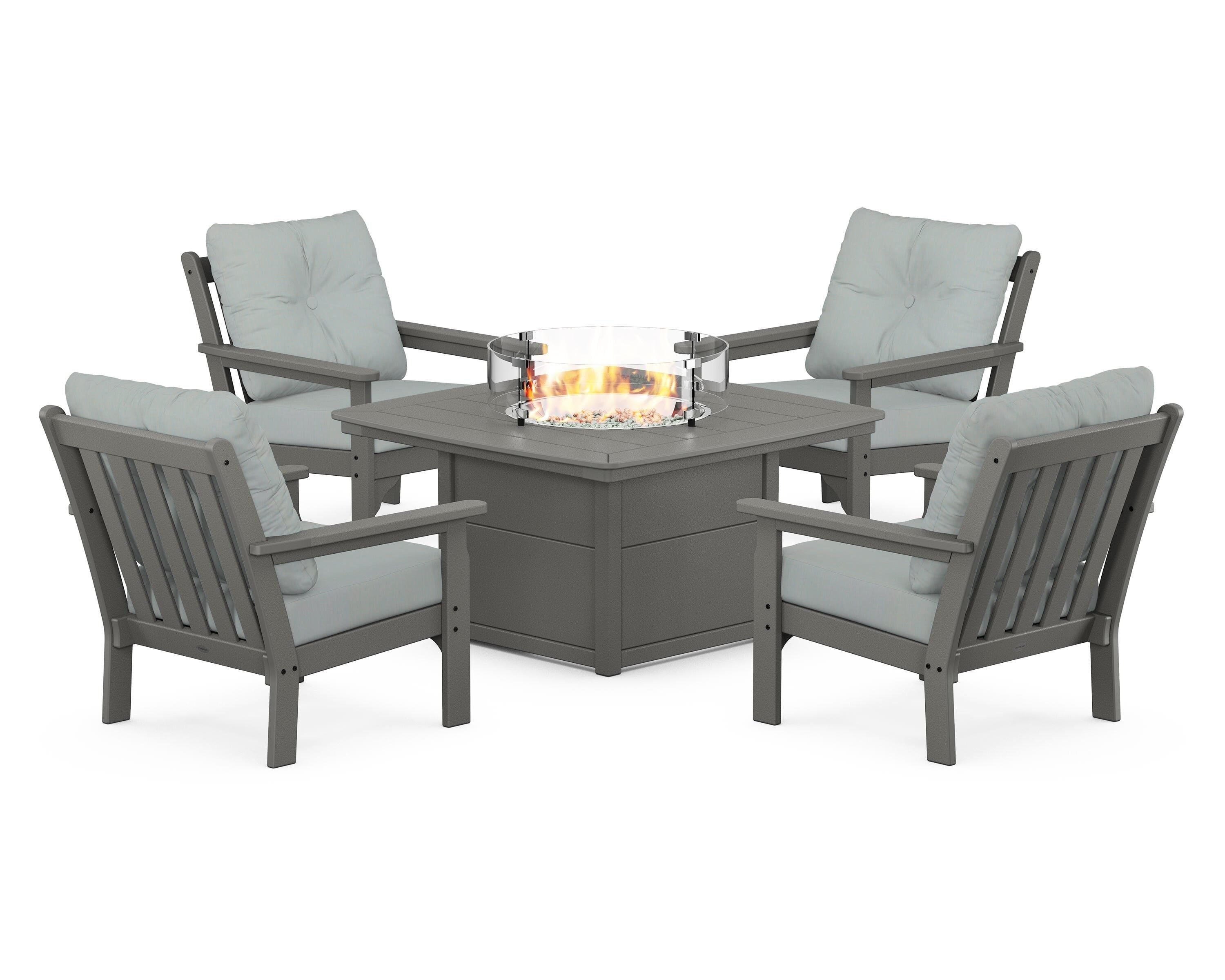 POLYWOOD® Vineyard 5-Piece Conversation Set with Fire Pit Table in Slate Grey / Spa