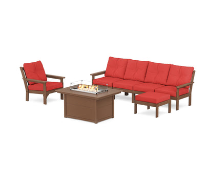 POLYWOOD® Vineyard Sectional Lounge and Fire Pit Set in Teak / Crimson Linen