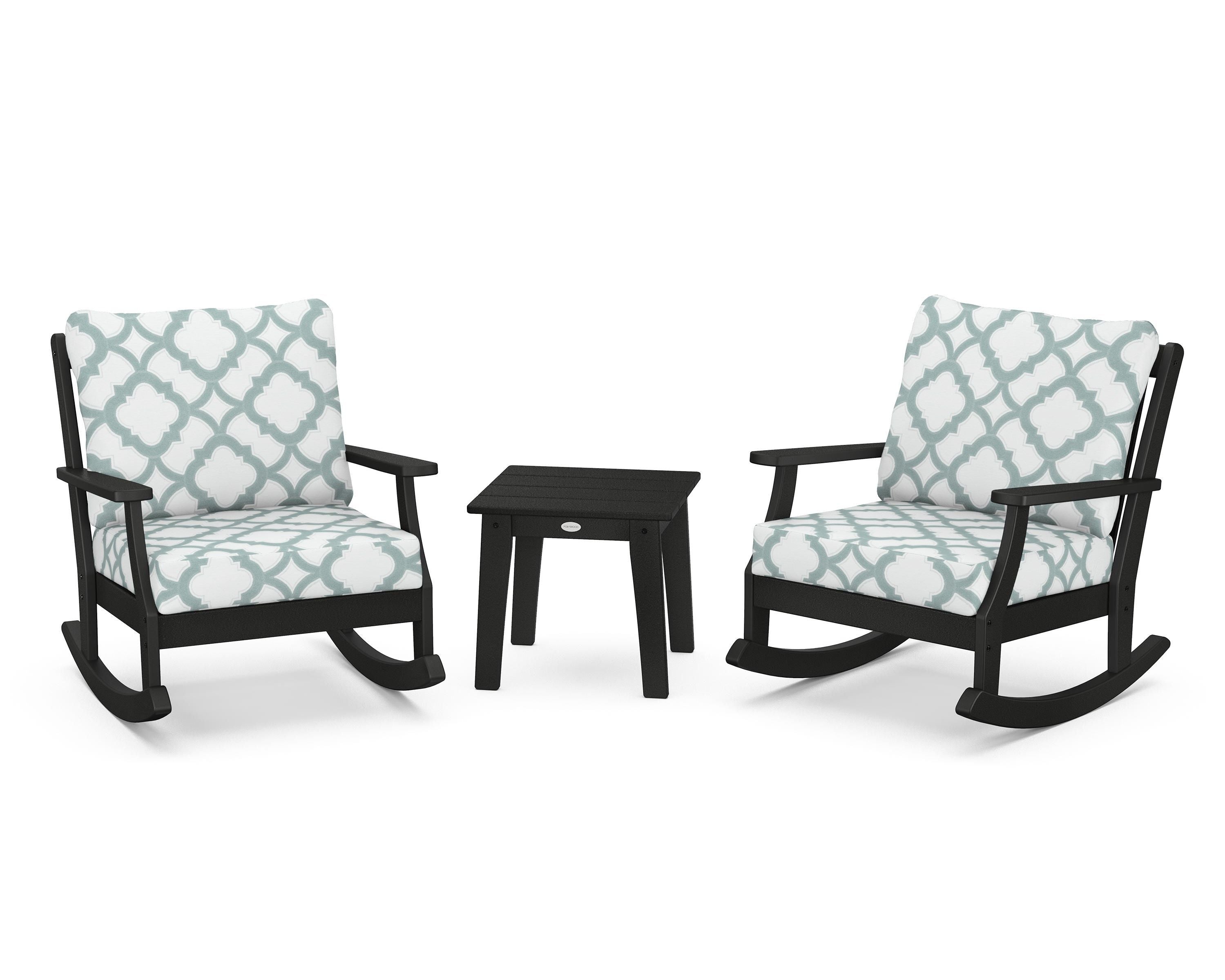 POLYWOOD® Braxton 3-Piece Deep Seating Rocker Set in Black / Trellis Glacier Spa