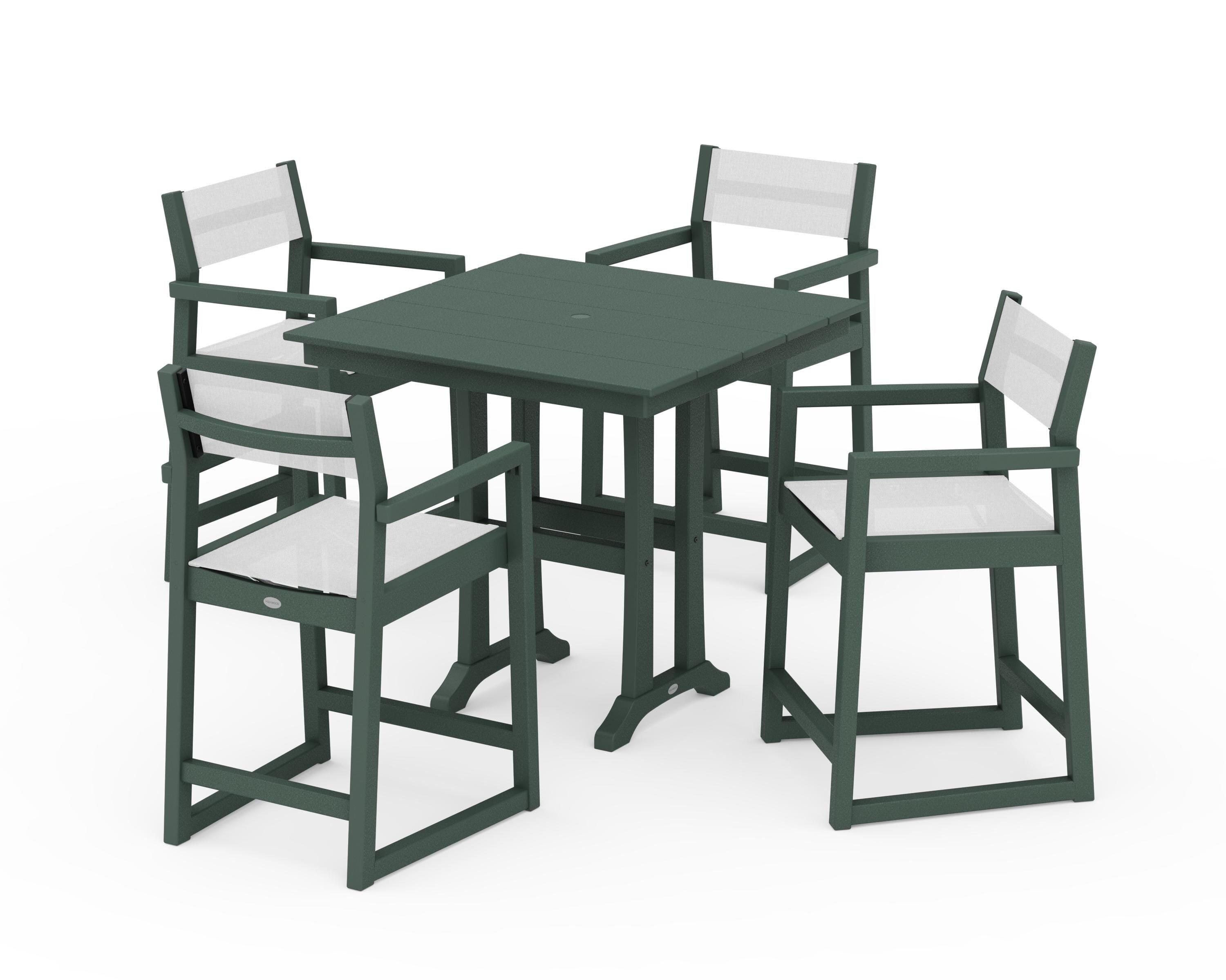 POLYWOOD® EDGE Sling Arm Chair 5-Piece Farmhouse Counter Set with Trestle Legs in Green / White Sling