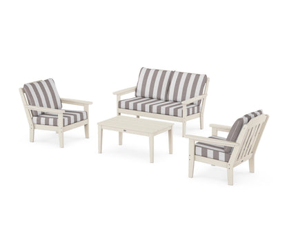 Country Living Cottage 4-Piece Deep Seating Set with Loveseat in Sand / Cabana Stripe Grey Mist