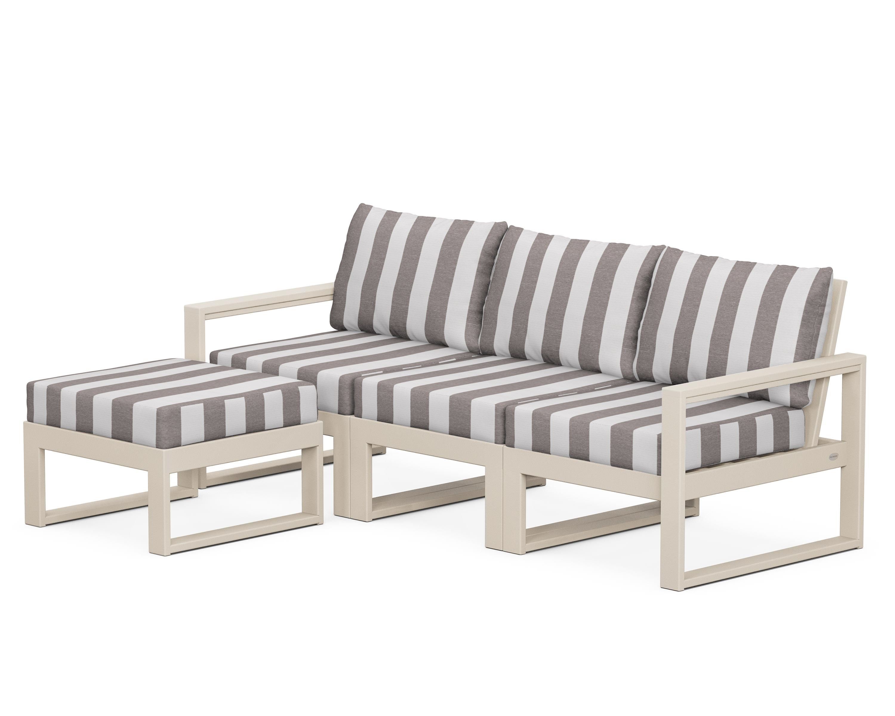 POLYWOOD® EDGE 4-Piece Modular Deep Seating Set with Ottoman in Sand / Cabana Stripe Grey Mist