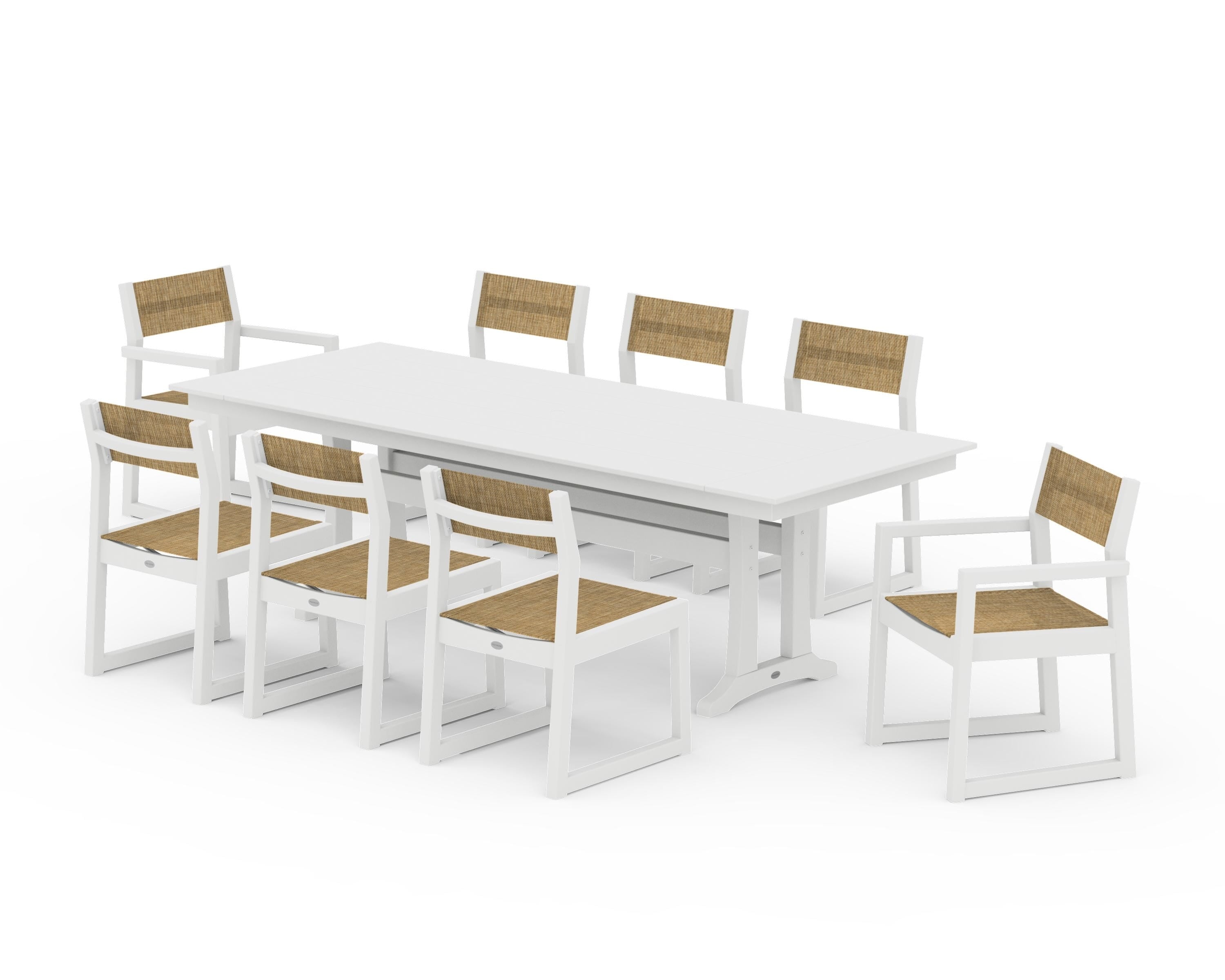 POLYWOOD® EDGE Sling 9-Piece Farmhouse Trestle Dining Set in White / Burlap Sling