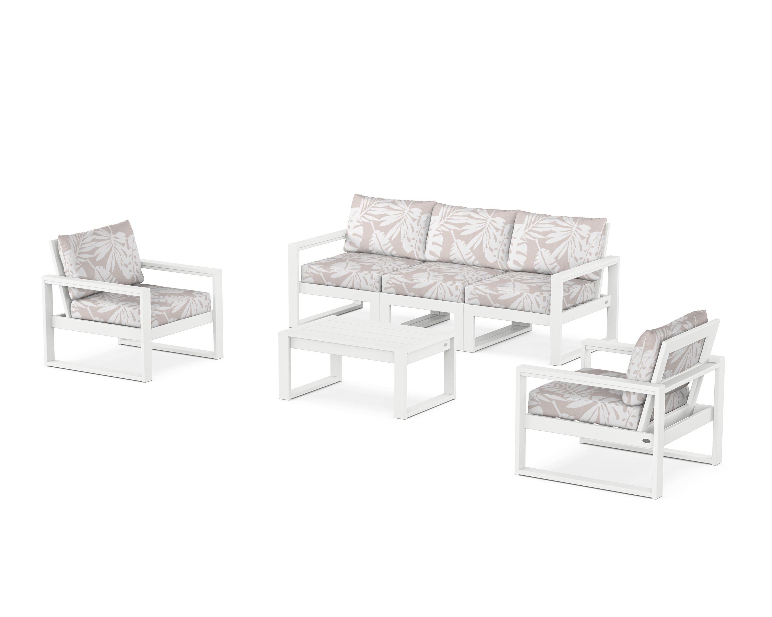 POLYWOOD® EDGE Sectional 4-Piece Deep Seating Set with Sofa in White / Leaf Dune Burlap