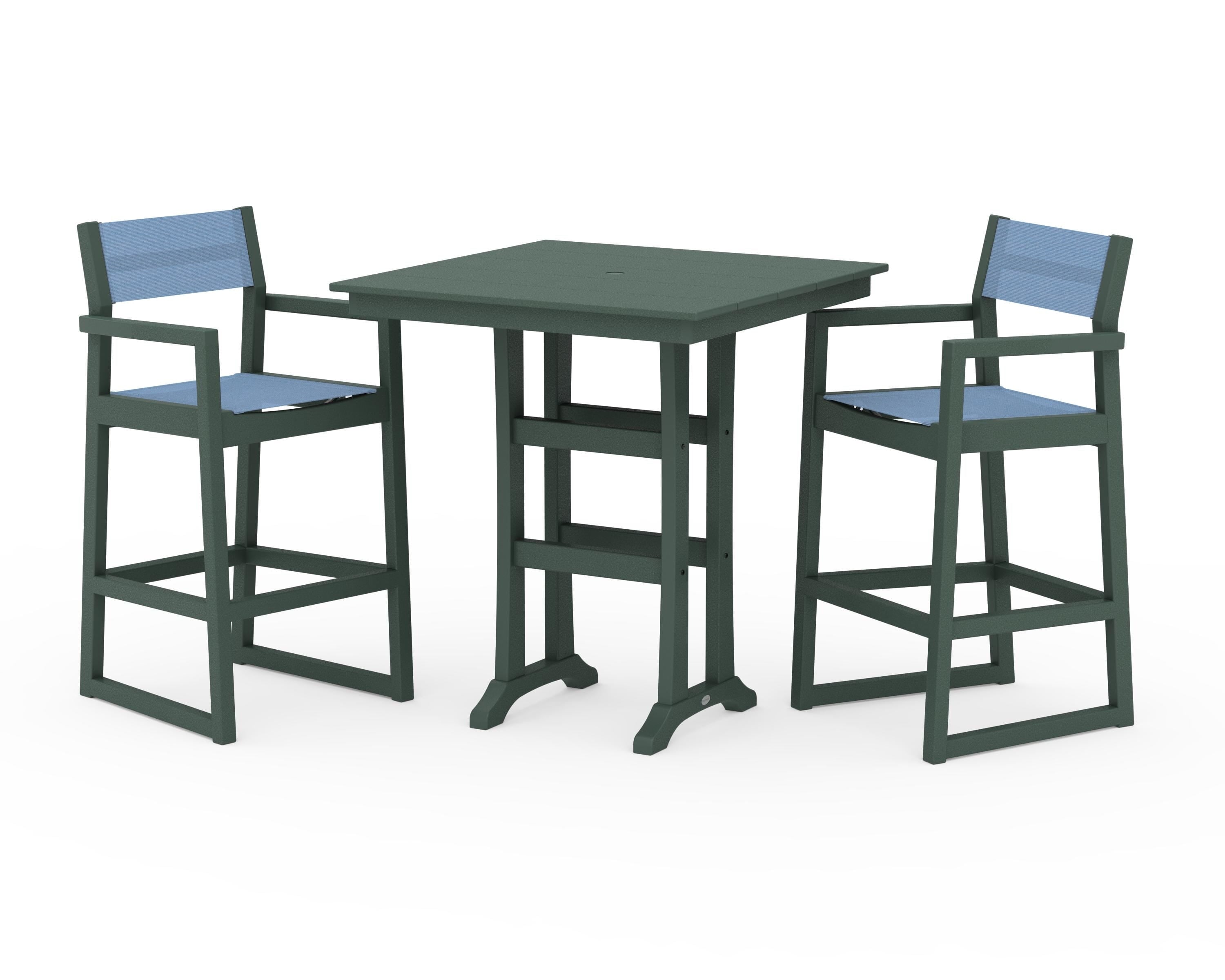 POLYWOOD® EDGE Sling Arm Chair 3-Piece Farmhouse Bar Set with Trestle Legs in Green / Poolside Sling