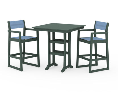POLYWOOD® EDGE Sling Arm Chair 3-Piece Farmhouse Bar Set with Trestle Legs in Green / Poolside Sling