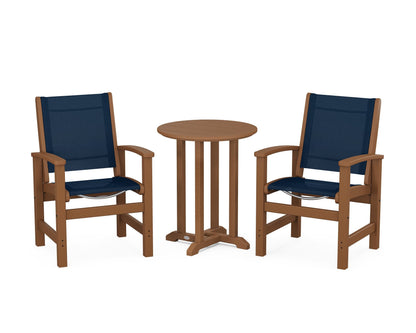 POLYWOOD® Coastal 3-Piece Round Bistro Dining Set in Teak / Navy Blue Sling