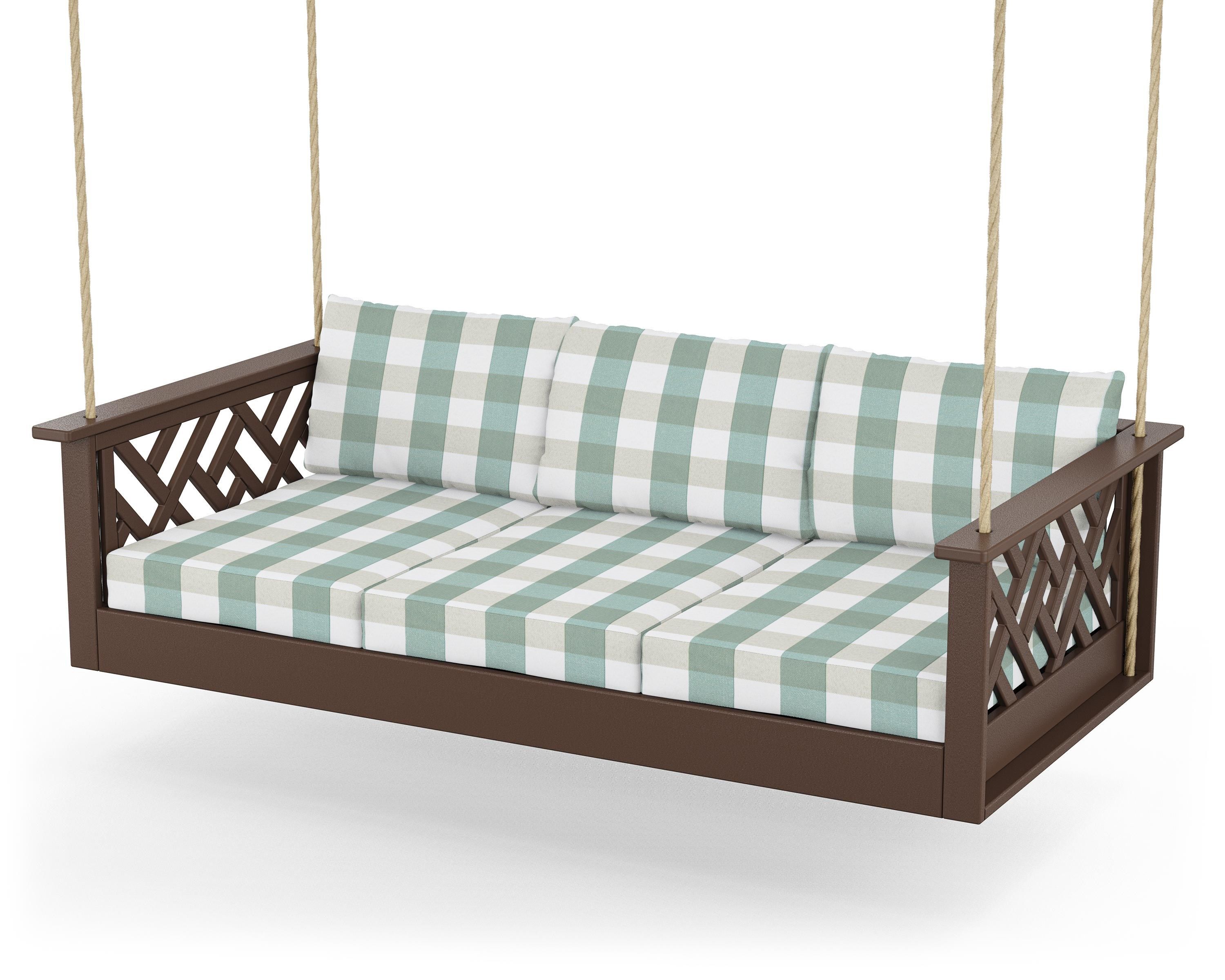 POLYWOOD® Chippendale Daybed Swing in Mahogany / Buffalo Plaid Glacier Spa