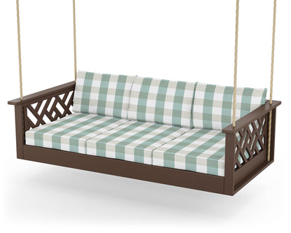 POLYWOOD® Chippendale Daybed Swing in Mahogany / Buffalo Plaid Glacier Spa