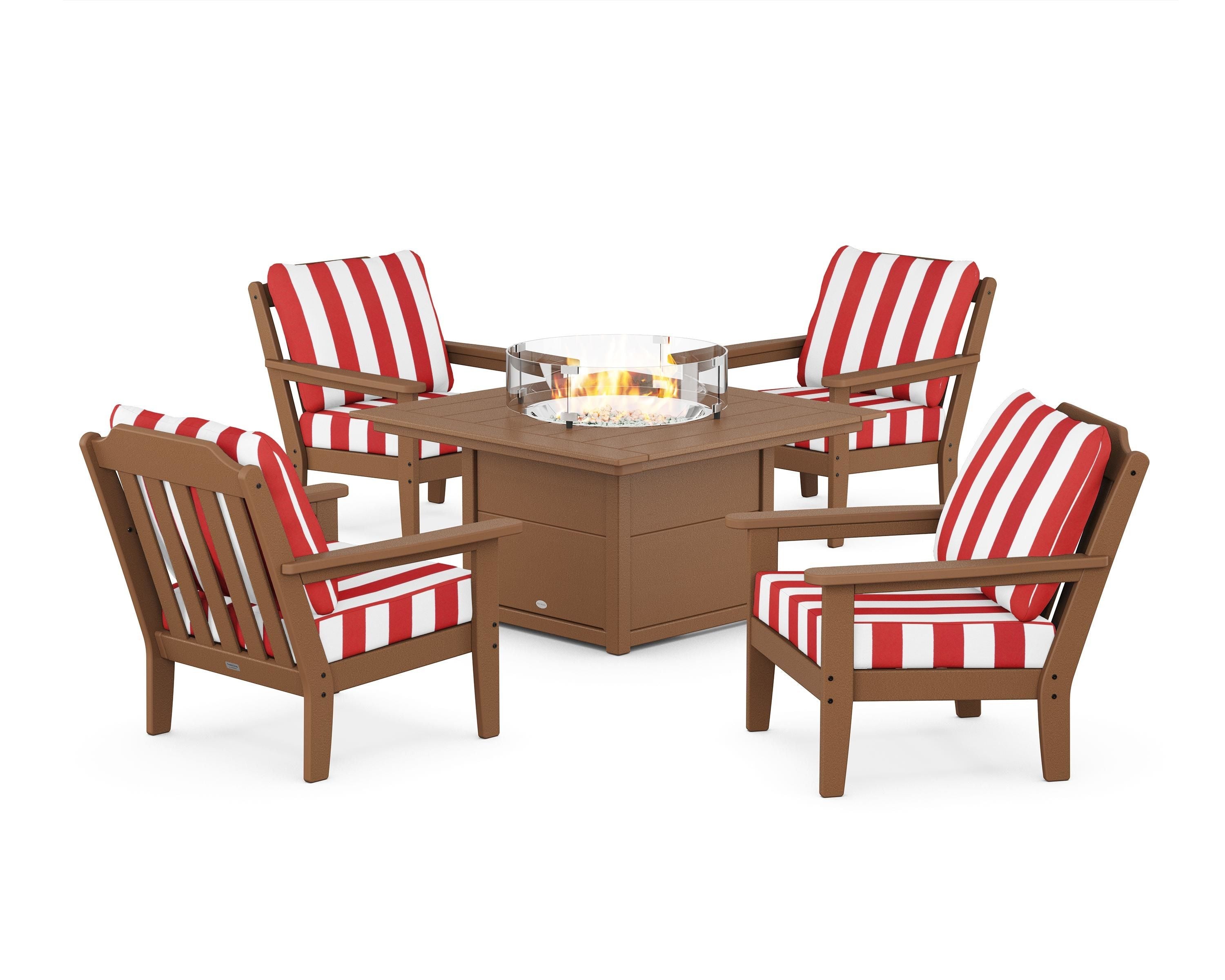 Country Living Cottage 5-Piece Deep Seating Set with Fire Pit Table in Teak / Cabana Stripe Crimson