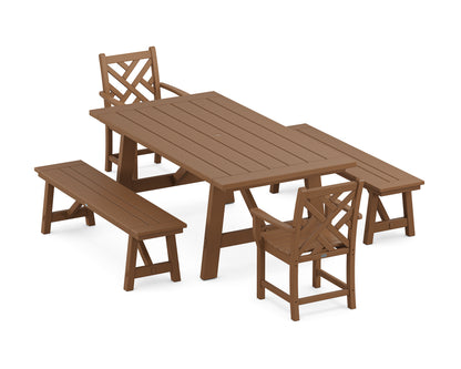 POLYWOOD® Chippendale 5-Piece Rustic Farmhouse Dining Set With Benches in Teak