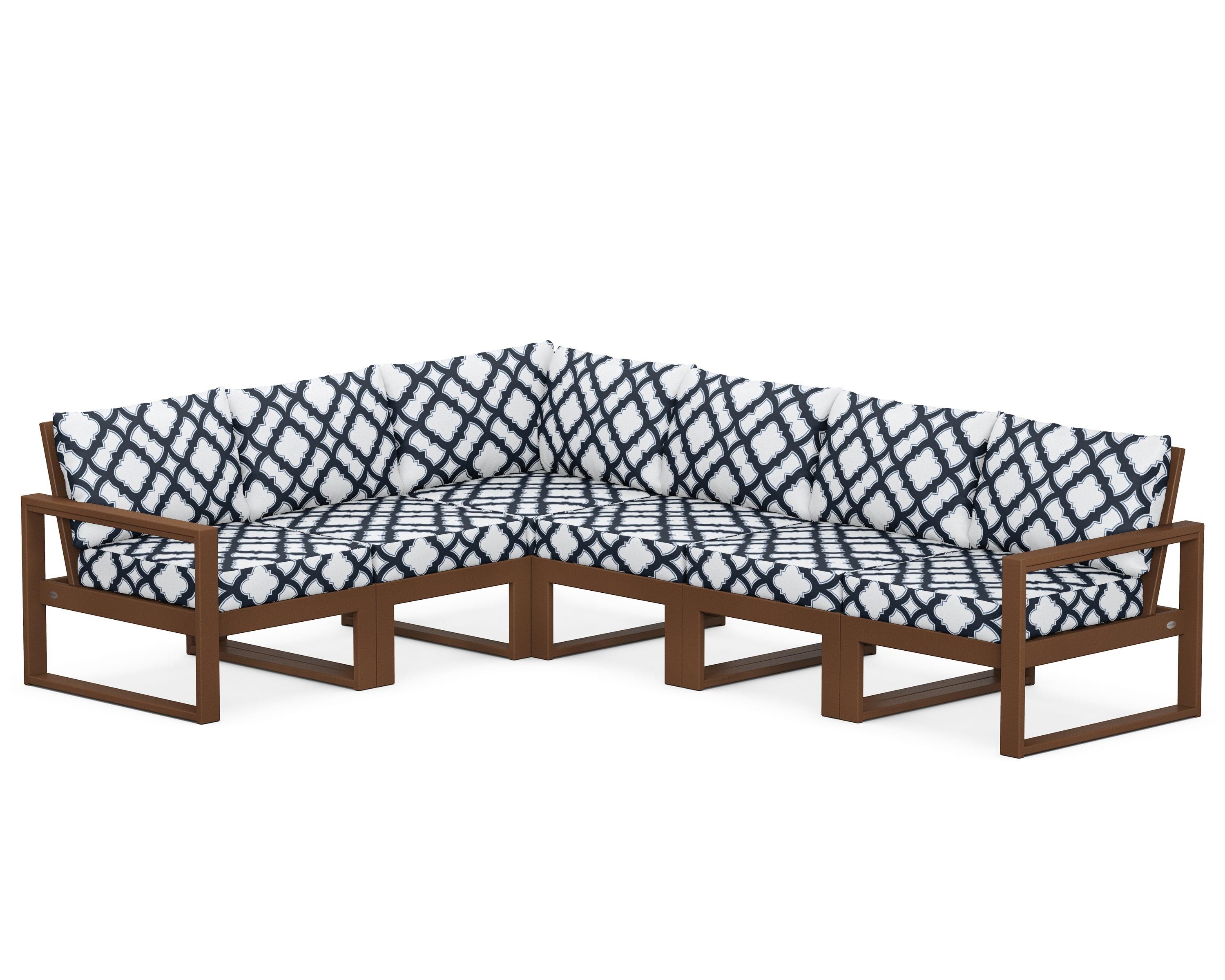 POLYWOOD® EDGE 6-Piece Modular Deep Seating Set in Teak / Trellis Marine Indigo