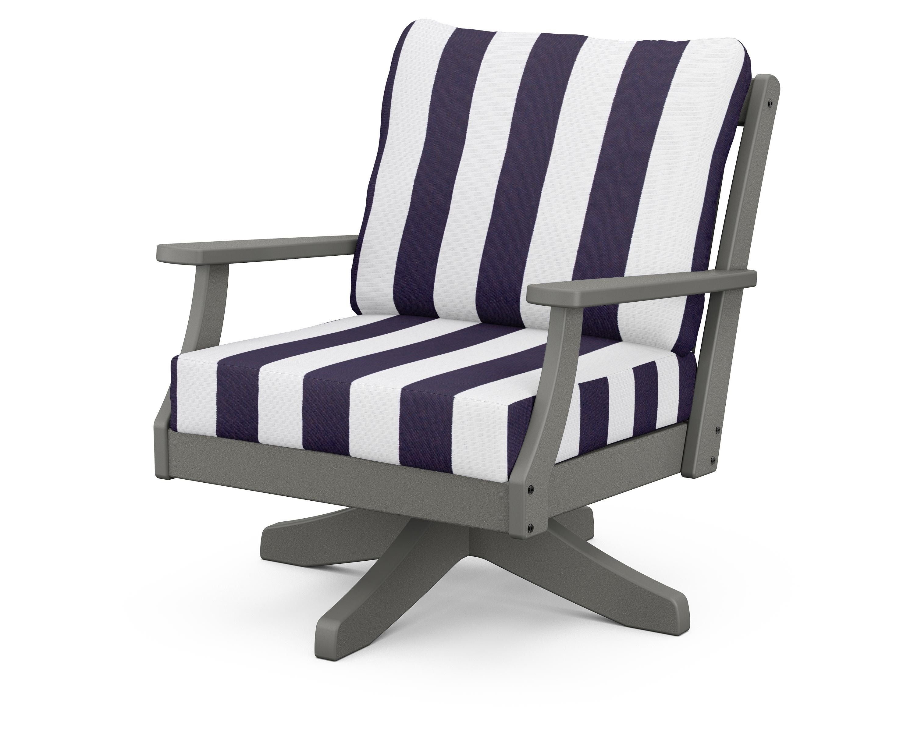 POLYWOOD® Braxton Deep Seating Swivel Chair in Slate Grey / Cabana Stripe Navy