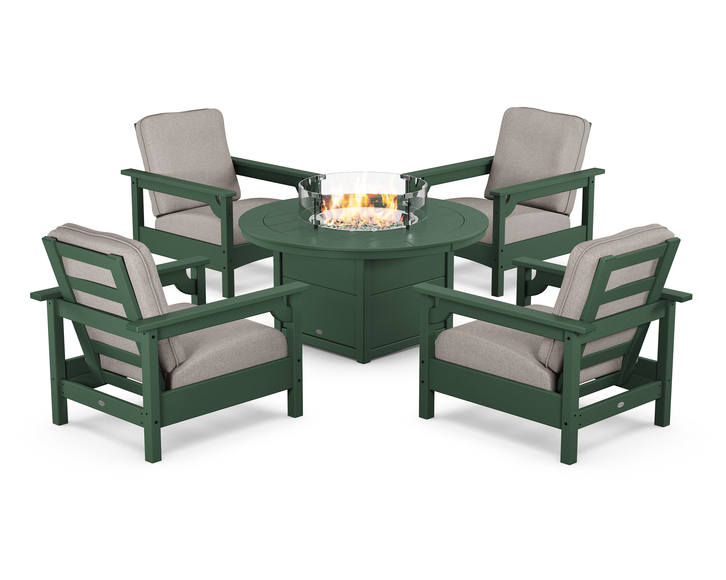 POLYWOOD® Club 5-Piece Conversation Set with Fire Pit Table in Green / Weathered Tweed