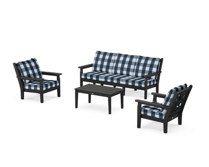 POLYWOOD® Chippendale 4-Piece Deep Seating Set with Sofa in Black / Buffalo Plaid Marine Indigo