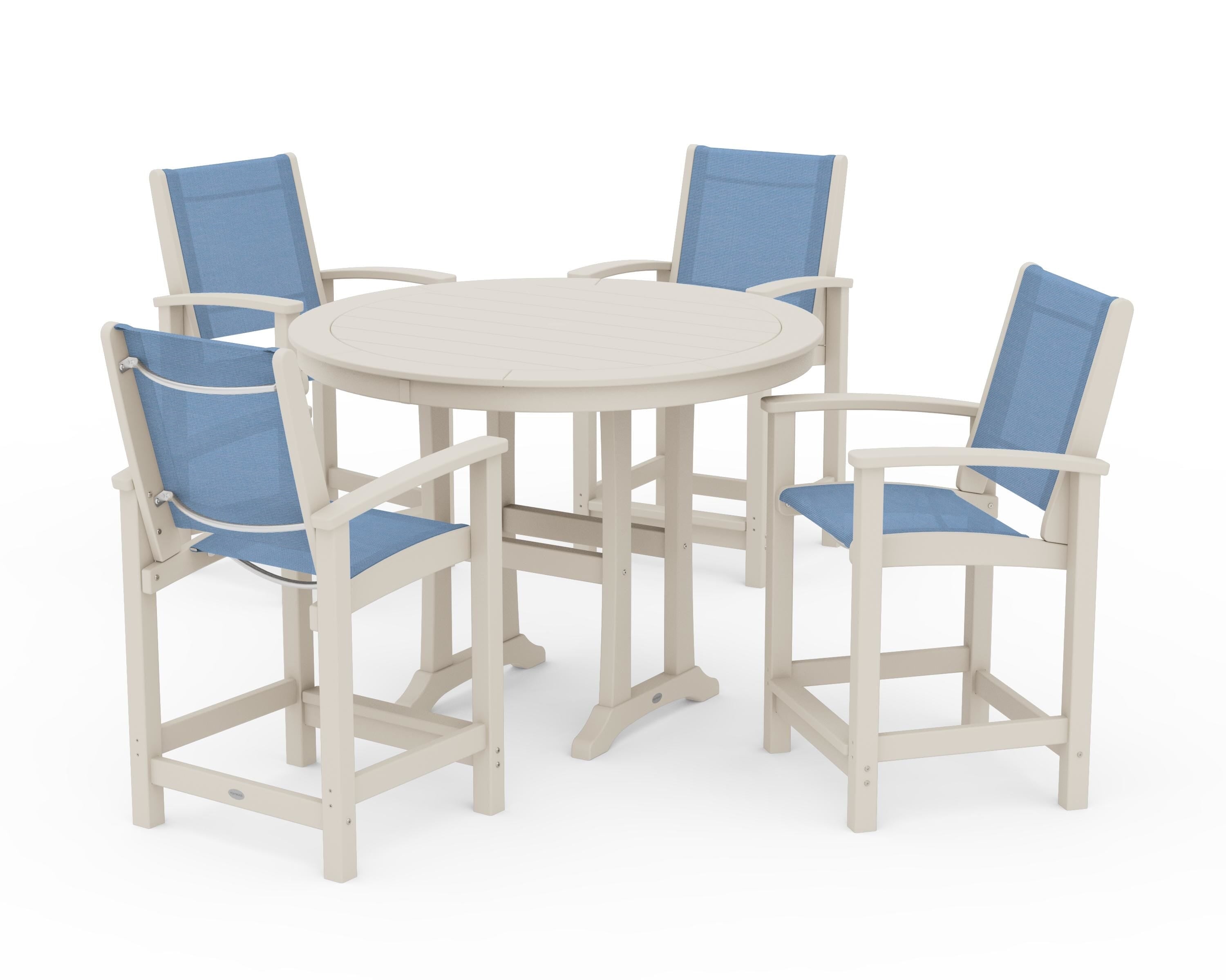 POLYWOOD® Coastal 5-Piece Counter Set in Sand / Poolside Sling