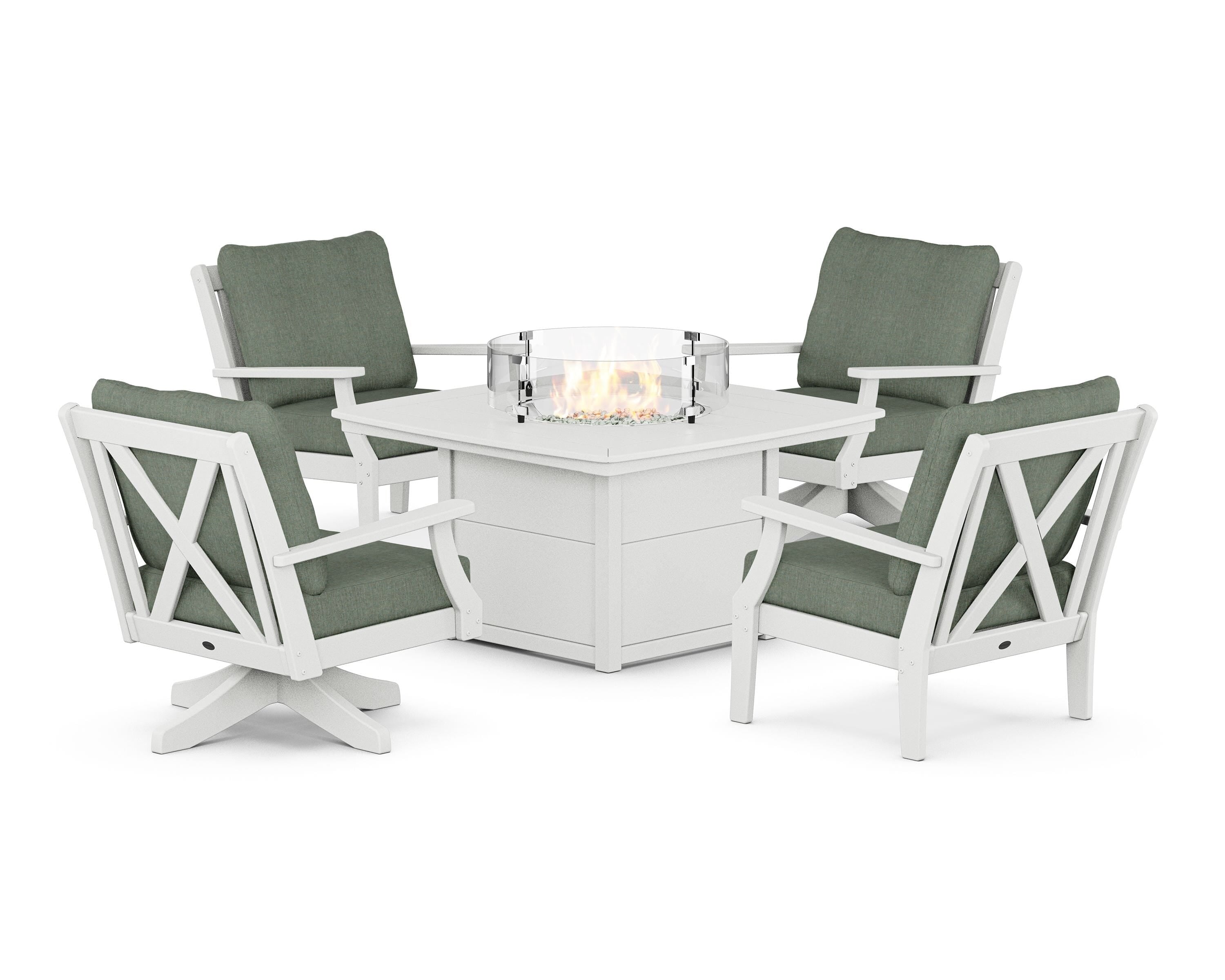 POLYWOOD® Braxton 5-Piece Deep Seating Set with Fire Table in White / Cast Sage