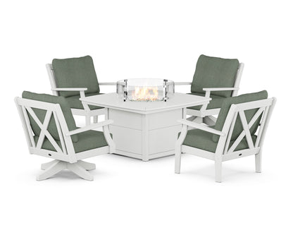 POLYWOOD® Braxton 5-Piece Deep Seating Set with Fire Table in White / Cast Sage
