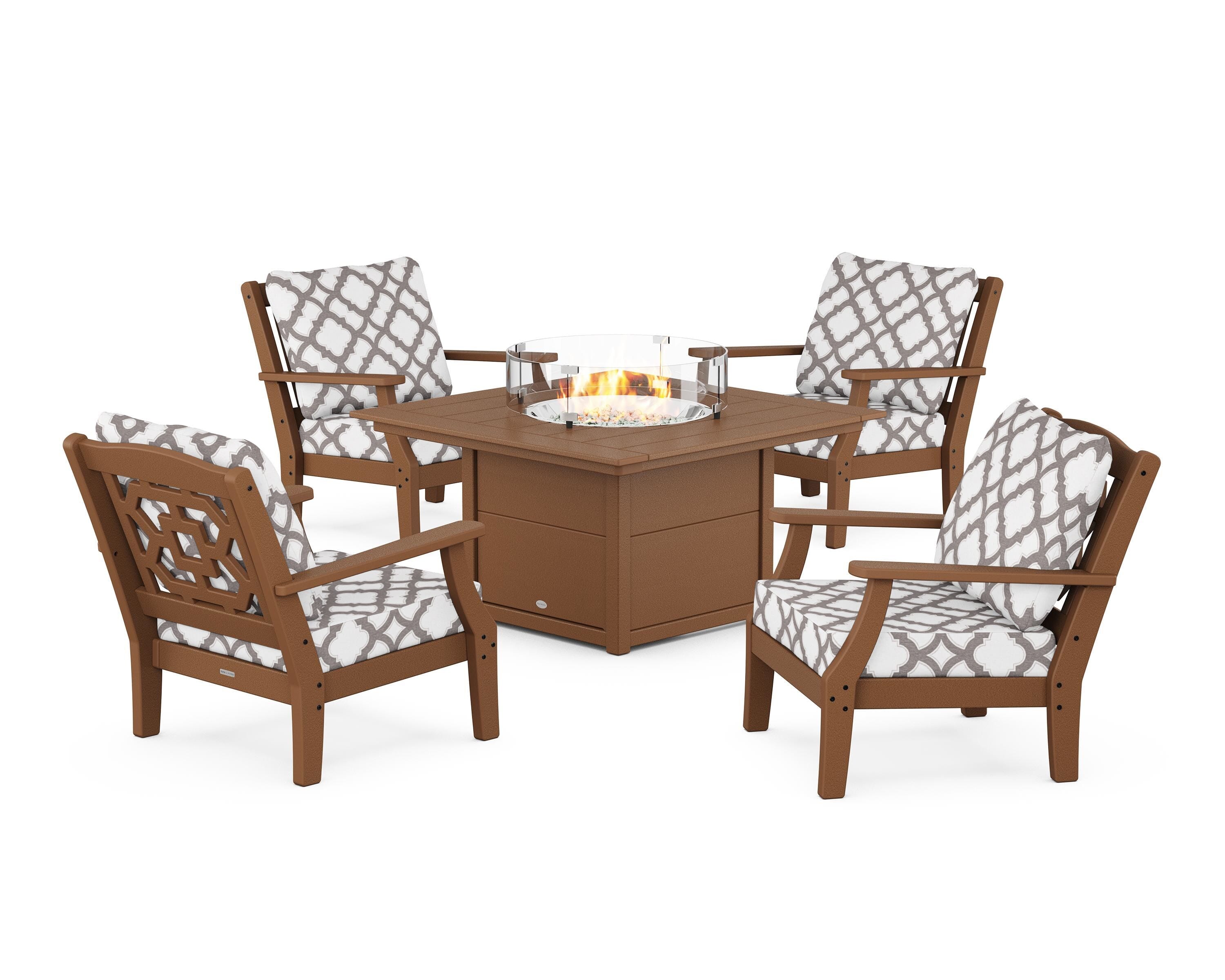 Martha Stewart by POLYWOOD® Chinoiserie 5-Piece Deep Seating Set with Fire Pit Table in Teak / Trellis Grey Mist