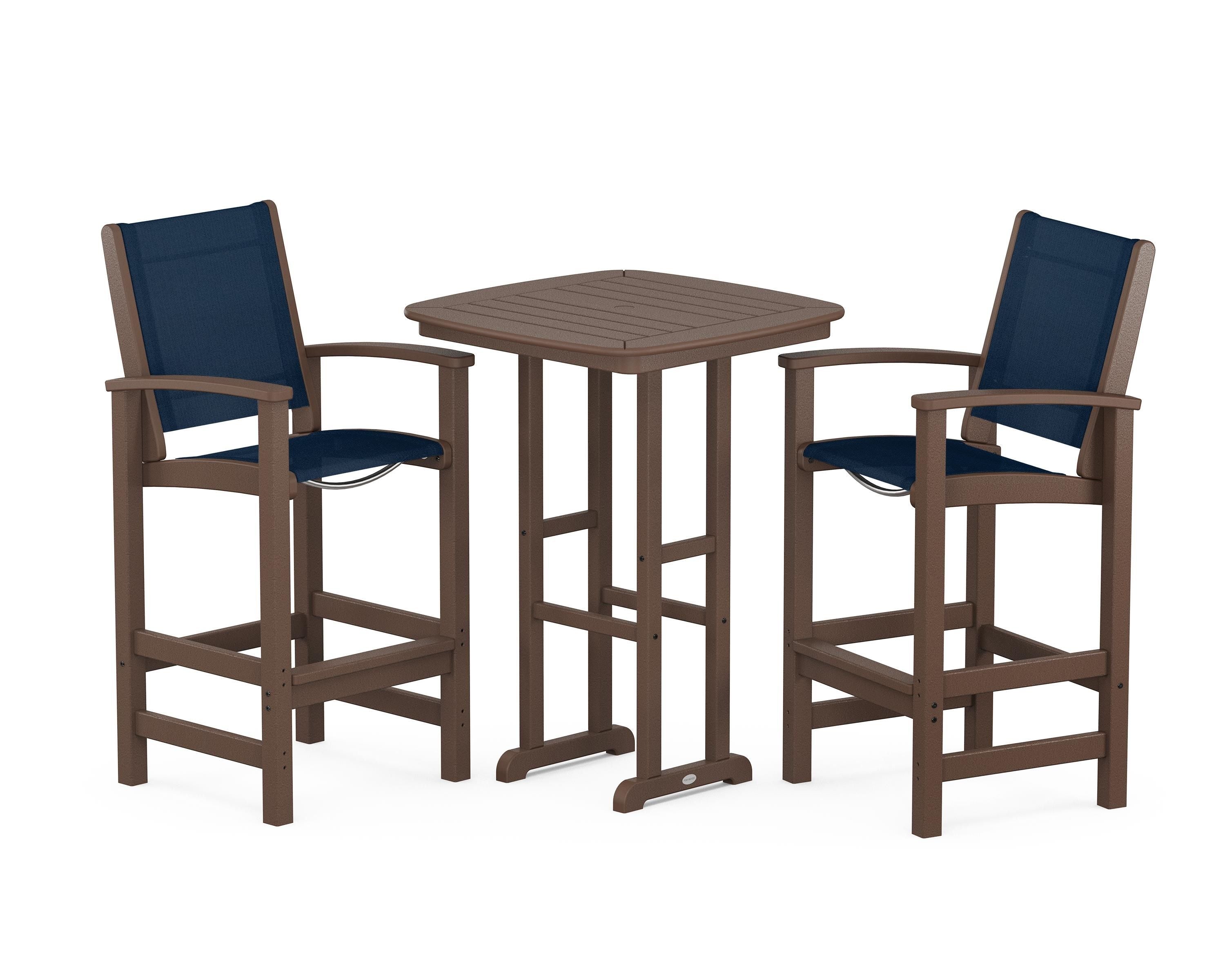 POLYWOOD® Coastal 3-Piece Bar Set in Mahogany / Navy Blue Sling